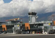 The passenger terminal and air control tower of Ljubljana Jože Pučnik Airport.