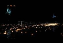 Egg shell lights float on Lake Bled.